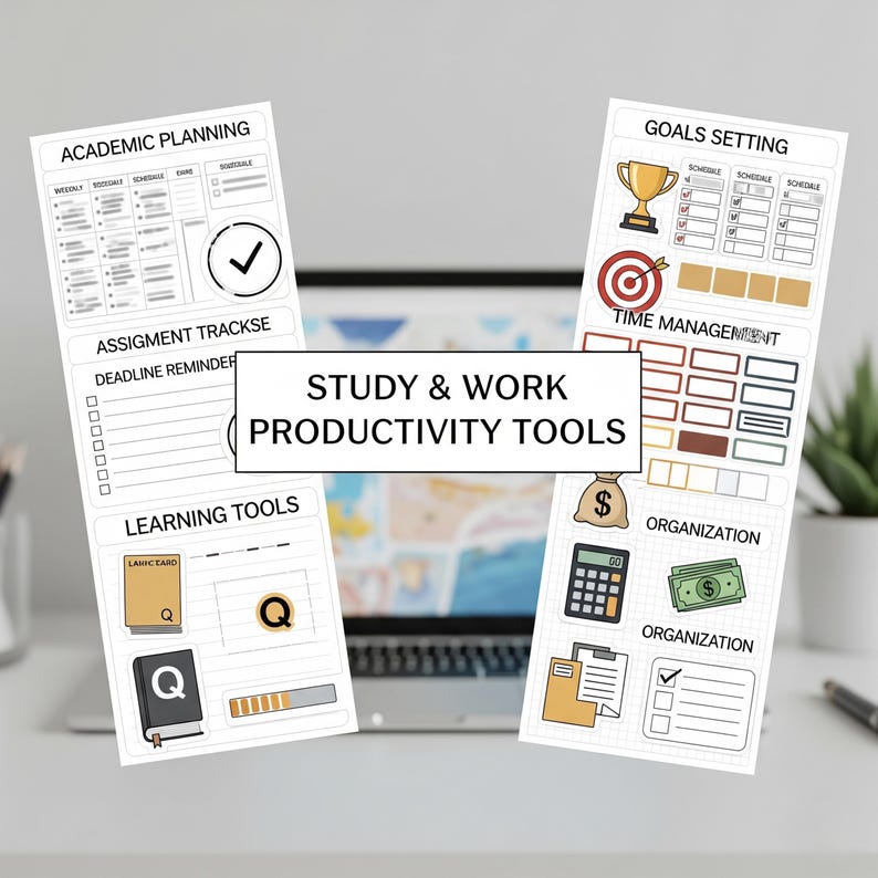May include: Two white rectangular study and work productivity tools with various icons and text. One tool includes sections for academic planning, assignment tracking, and learning tools. The other tool focuses on goal setting, time management, and organization.