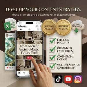 May include: A digital marketing graphic with the text "LEVEL UP YOUR CONTENT STRATEGY." An iPhone displays an Instagram feed with the text "From Ancient Ancient Magic Future Tech." Other elements include Excel and cloud icons, gold badges, and social media logos.