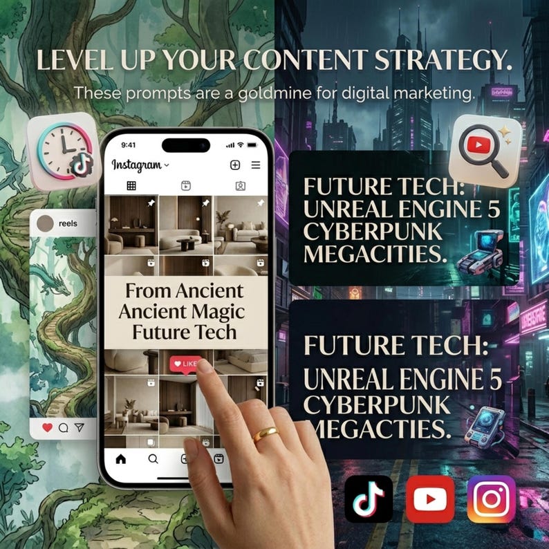 May include: A digital marketing graphic with the text "LEVEL UP YOUR CONTENT STRATEGY." An iPhone displays an Instagram feed with the text "From Ancient Ancient Magic Future Tech." Other graphics include social media icons and futuristic cityscapes.