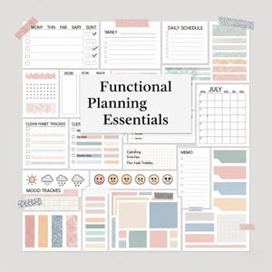 May include: A collection of functional planning essentials, including daily schedules, habit trackers, and mood trackers. The design features a variety of pastel colors, with the text "Functional Planning Essentials" in the center. The layout includes a calendar for July.