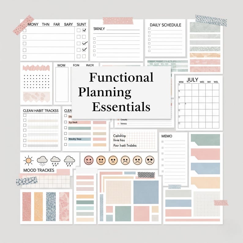 May include: A collection of functional planning essentials, including daily schedules, habit trackers, and mood trackers. The design features a variety of pastel colors, with the text "Functional Planning Essentials" in the center. The layout includes a calendar for July.