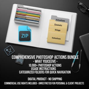 Pu&ograve; includere: Mockup di prodotto digitale con un raccoglitore bianco e cartelle con etichette "Instructions", "Cinematic" e "Vintage". &Egrave; presente un'icona di file ZIP blu. Il testo recita "COMPREHENSIVE PHOTOSHOP ACTIONS BUNDLE". Include oltre 10.000 azioni di Photoshop.