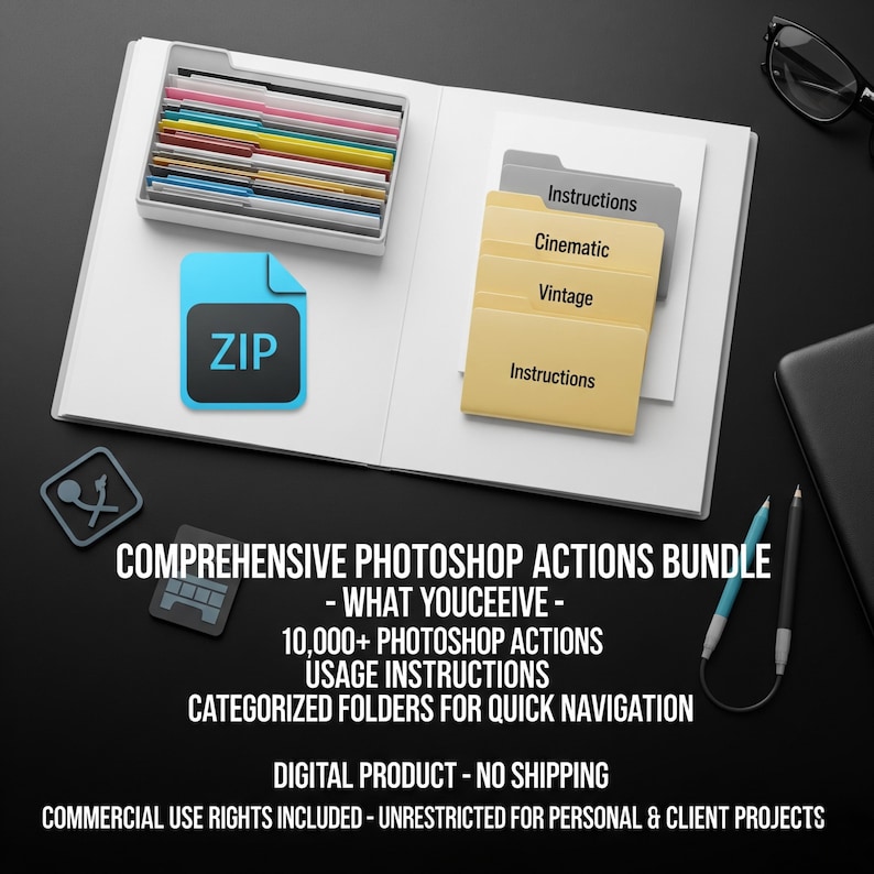 Pu&ograve; includere: Mockup di prodotto digitale con un raccoglitore bianco e cartelle con etichette "Instructions", "Cinematic" e "Vintage". &Egrave; presente un'icona di file ZIP blu. Il testo recita "COMPREHENSIVE PHOTOSHOP ACTIONS BUNDLE". Include oltre 10.000 azioni di Photoshop.