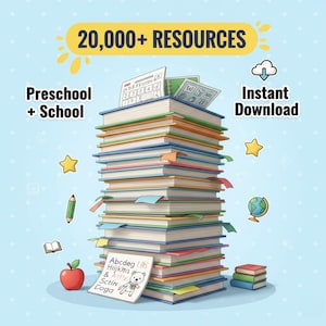 May include: A stack of colorful books with the text "20,000+ RESOURCES", "Preschool + School", and "Instant Download". The image includes a pencil, apple, star, globe, and a card with the text "Abcdeg Ub Hiijkms & Arty Sctin Doga".