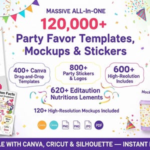Op de afbeelding: Een promotieafbeelding voor feestartikelsjablonen, mockups en stickers. De afbeelding toont verschillende mockups, waaronder labels, stickers en verpakkingsontwerpen. Tekst bevat "MASSIVE ALL-IN-ONE 120,000+ Party Favor Templates, Mockups & Stickers".