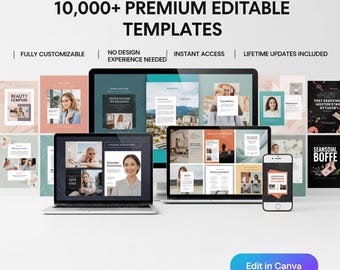 Pacote com mais de 10.000 modelos editáveis do Canva | Designs para negócios, mídias sociais e marketing | Uso comercial | Acesso imediato