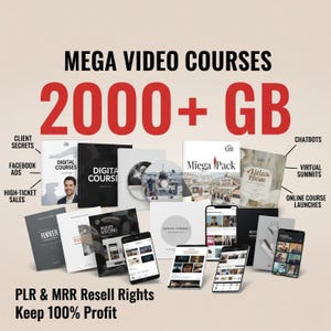 以下が含まれることがあります： 「MEGA VIDEO COURSES 2000+ GB」のテキストが入ったデジタルコースの広告。画像には、本、CD、スマートフォンが表示され、「Client Secrets」や「Facebook Ads」などのラベルが付いています。下部のテキストには「PLR & MRR Resell Rights Keep 100% Profit」と書かれています。