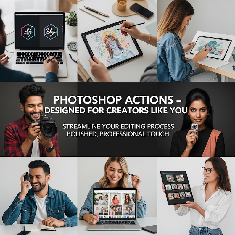 Pu&ograve; includere: Un collage di immagini che mostrano arte e design digitali. Le persone utilizzano laptop, tablet e fotocamere. Il testo centrale recita "PHOTOSHOP ACTIONS - DESIGNED FOR CREATORS LIKE YOU." Le immagini evidenziano l'arte digitale e gli strumenti di editing.