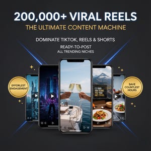 Puede incluir: Imagen que presenta cinco teléfonos inteligentes mostrando varios contenidos de video. El texto en la parte superior dice "200,000+ VIRAL REELS" y "THE ULTIMATE CONTENT MACHINE." Texto adicional incluye "DOMINATE TIKTOK, REELS & SHORTS" y "READY-TO-POST." Insignias doradas dicen "EFFORTLESS ENGAGEMENT" y "SAVE COUNTLESS HOURS."