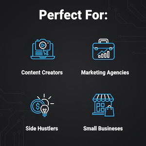 K&ouml;nnte beinhalten: Grafik mit dem Text &bdquo;Perfect For:&ldquo; und vier Symbolen. Die Symbole stehen f&uuml;r Content-Ersteller, Marketingagenturen, Nebenberufler und kleine Unternehmen. Die Symbole und der Text sind in Wei&szlig; und Blau auf schwarzem Hintergrund.