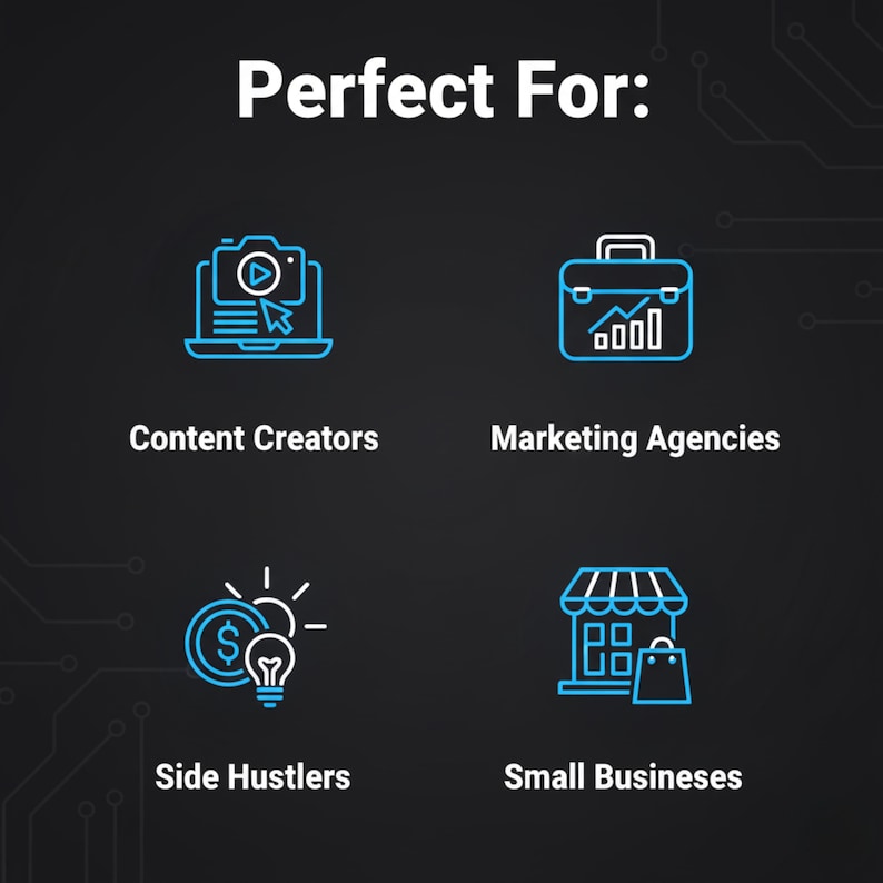 K&ouml;nnte beinhalten: Grafik mit dem Text &bdquo;Perfect For:&ldquo; und vier Symbolen. Die Symbole stehen f&uuml;r Content-Ersteller, Marketingagenturen, Nebenberufler und kleine Unternehmen. Die Symbole und der Text sind in Wei&szlig; und Blau auf schwarzem Hintergrund.