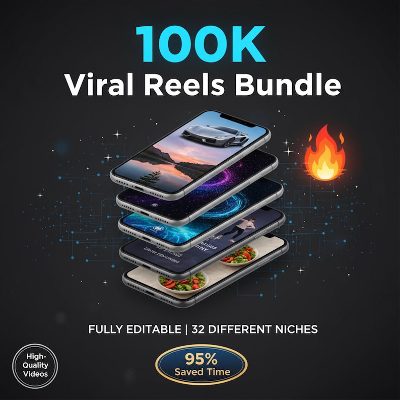K&ouml;nnte beinhalten: Ein Bild mit einem Stapel Smartphones, die verschiedene Bilder anzeigen, darunter ein Auto und Essen. Der Text "100K Viral Reels Bundle" steht oben. Zus&auml;tzlicher Text lautet "FULLY EDITABLE | 32 DIFFERENT NICHES" und "95% Saved Time."