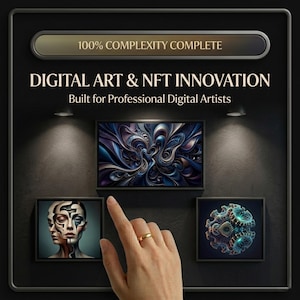May include: Digital art and NFT innovation concept. The image features three framed digital artworks on a dark wall, with the text "100% Complexity Complete" and "Digital Art & NFT Innovation". A hand with a gold ring points to one of the artworks.