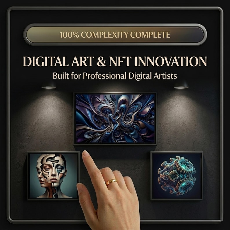 May include: Digital art and NFT innovation concept. The image features three framed digital artworks on a dark wall, with the text "100% Complexity Complete" and "Digital Art & NFT Innovation". A hand with a gold ring points to one of the artworks.
