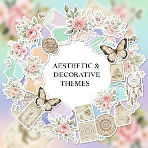 May include: Aesthetic and decorative theme stickers featuring butterflies, roses, stamps, and a dreamcatcher. The stickers are arranged in a circular pattern with the text "Aesthetic & Decorative Themes" in the center. The color palette includes pastel pinks, greens, and purples.