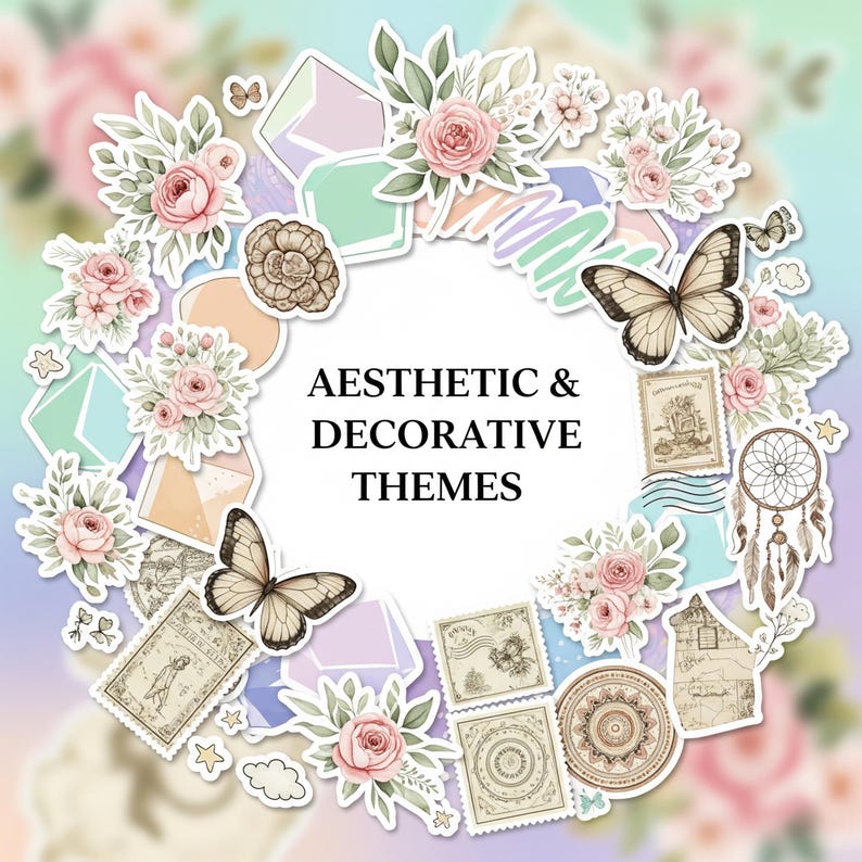 May include: Aesthetic and decorative theme stickers featuring butterflies, roses, stamps, and a dreamcatcher. The stickers are arranged in a circular pattern with the text "Aesthetic & Decorative Themes" in the center. The color palette includes pastel pinks, greens, and purples.