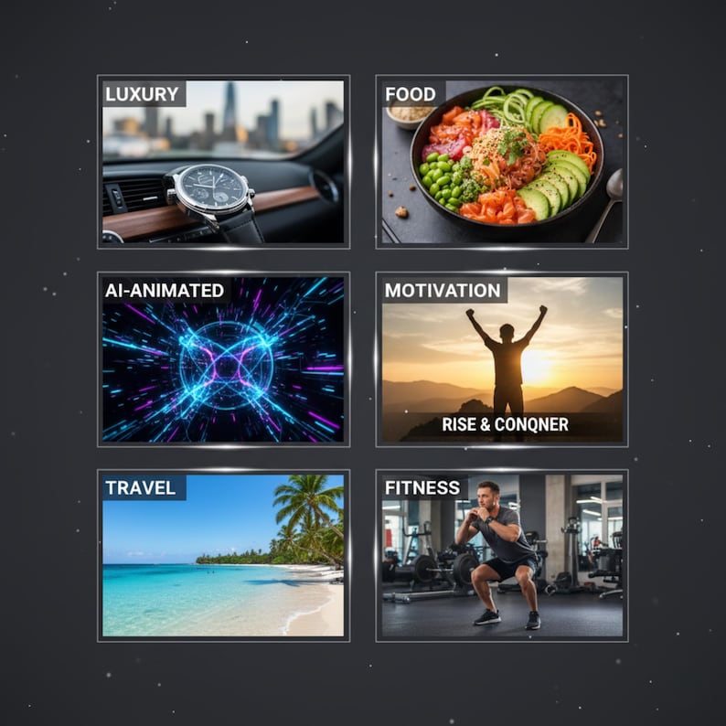 K&ouml;nnte beinhalten: Ein Collage aus sechs quadratischen Bildern. Themen sind Luxus (Uhr), Essen (Salatsch&uuml;ssel), KI-animiertes Design, Motivation (Sonnenuntergang-Silhouette), Reisen (Strand) und Fitness (Mann beim Training). Dunkler Hintergrund mit Sternen.
