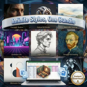 May include: A digital art bundle advertisement featuring various art styles. The image showcases examples of Cinematic Realism, Stylized 3D Render, Watercolor Painting, Synthwave Art, Expressive Sketch, Textured Oil Painting, Minimalist Design, and Gothic art. The text reads "Infinite Styles, One Bundle."