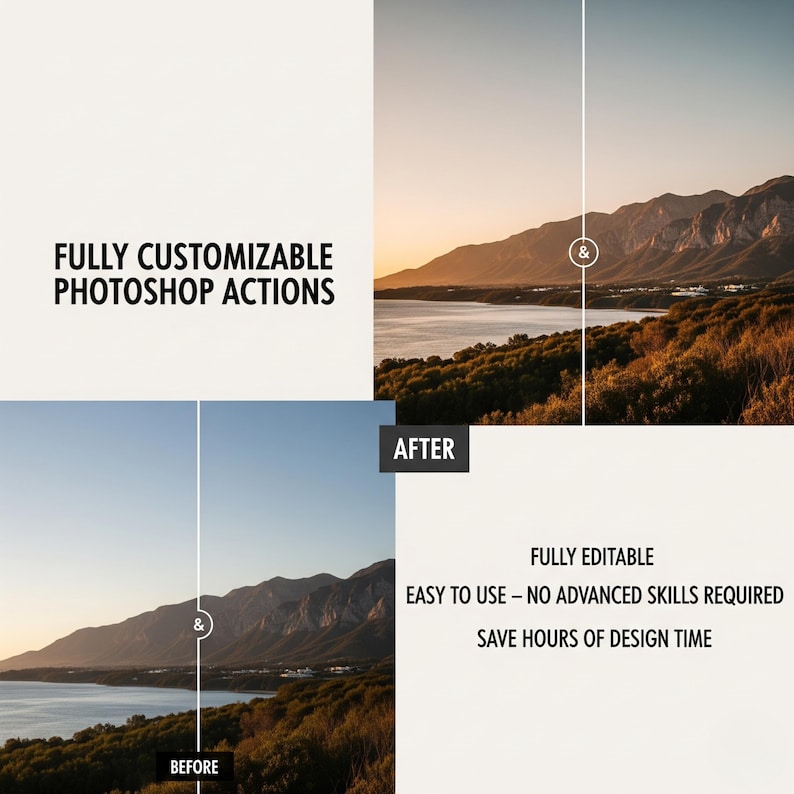 Pu&ograve; includere: Immagine che mostra un paesaggio prima e dopo le azioni di Photoshop. Il testo recita "AZIONI PHOTOSHOP COMPLETAMENTE PERSONALIZZABILI" e "COMPLETAMENTE MODIFICABILE, FACILE DA USARE - NESSUNA COMPETENZA AVANZATA RICHIESTA, RISPARMIA ORE DI TEMPO DI PROGETTAZIONE."