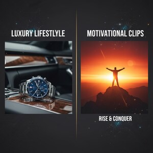 K&ouml;nnte beinhalten: Eine silberne Uhr mit blauem Zifferblatt liegt auf einer Holzoberfl&auml;che. Das Bild ist geteilt, mit dem Text "LUXURY LIFESTYLE" &uuml;ber der Uhr. Die andere Seite zeigt eine Person als Silhouette vor einem Sonnenuntergang, mit dem Text "RISE & CONQUER".