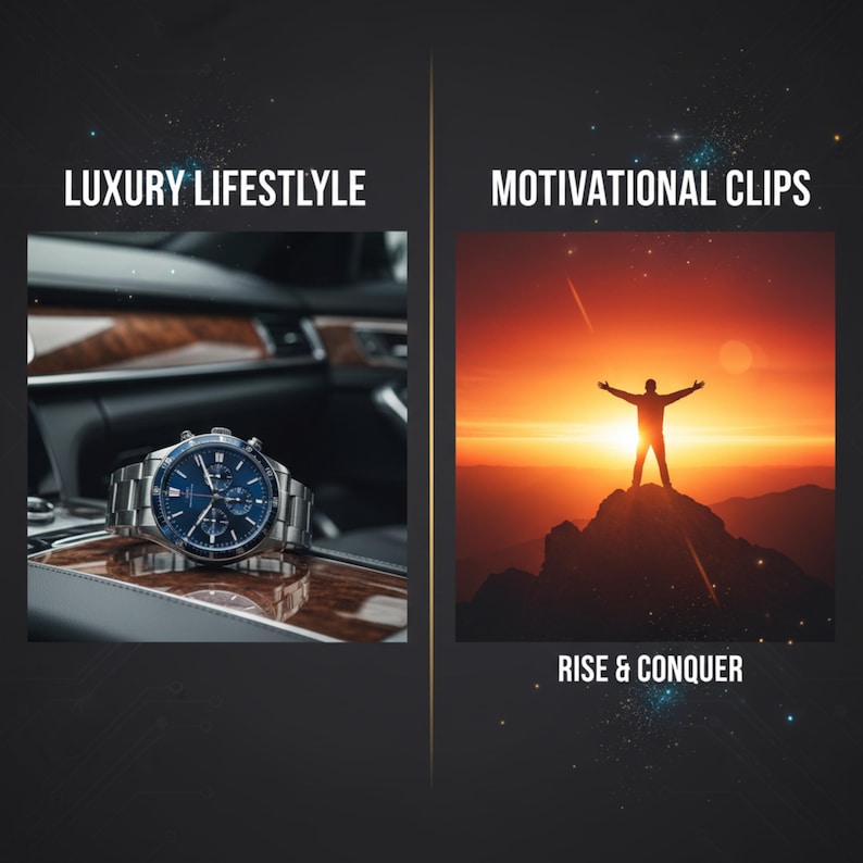 K&ouml;nnte beinhalten: Eine silberne Uhr mit blauem Zifferblatt liegt auf einer Holzoberfl&auml;che. Das Bild ist geteilt, mit dem Text "LUXURY LIFESTYLE" &uuml;ber der Uhr. Die andere Seite zeigt eine Person als Silhouette vor einem Sonnenuntergang, mit dem Text "RISE & CONQUER".