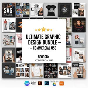 Op de afbeelding: Een promotieafbeelding met een grafisch ontwerp bundel met diverse ontwerpelementen. De centrale tekst luidt "ULTIMATE GRAPHIC DESIGN BUNDLE - COMMERCIAL USE" met "5000GB+" eronder. Pictogrammen voor ontwerpsoftware zijn ook aanwezig.