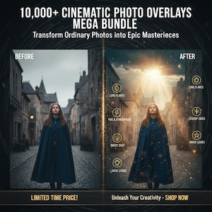 Puede incluir: Imagen promocional que muestra efectos de edición de fotos. Comparación "antes" y "después" de una persona con capa azul en una calle. La imagen "después" presenta efectos de luz y cielo estrellado. El texto promociona un "Mega Bundle de superposiciones de fotos cinematográficas".