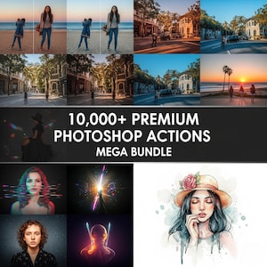 Pu&ograve; includere: Un collage di immagini con una donna sulla spiaggia, paesaggi urbani e arte digitale. L'immagine centrale mostra il testo "10,000+ PREMIUM PHOTOSHOP ACTIONS MEGA BUNDLE". Ulteriori immagini includono ritratti e arte digitale astratta.