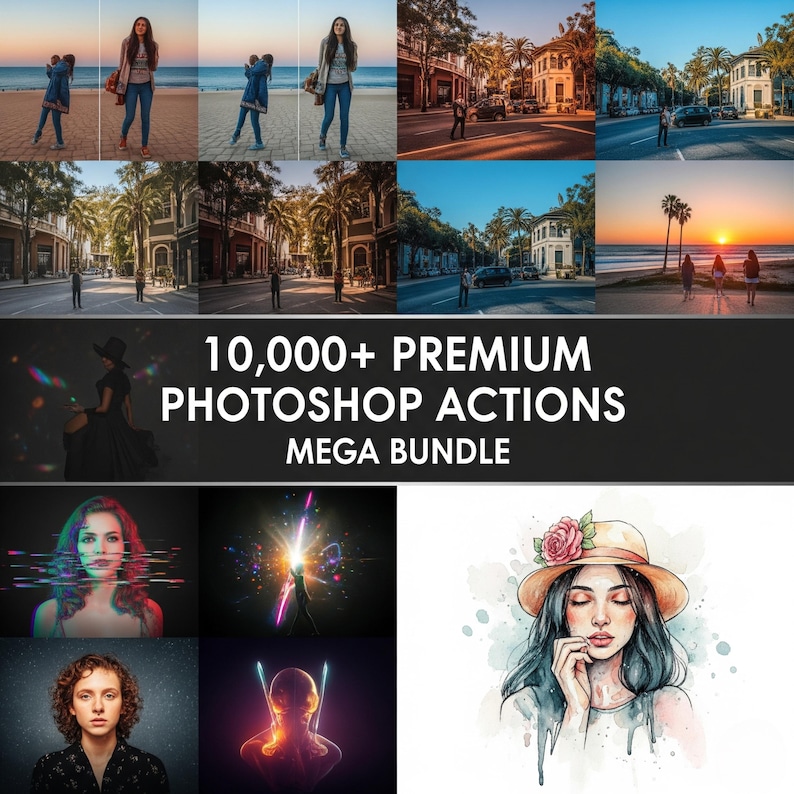 Pu&ograve; includere: Un collage di immagini con una donna sulla spiaggia, paesaggi urbani e arte digitale. L'immagine centrale mostra il testo "10,000+ PREMIUM PHOTOSHOP ACTIONS MEGA BUNDLE". Ulteriori immagini includono ritratti e arte digitale astratta.