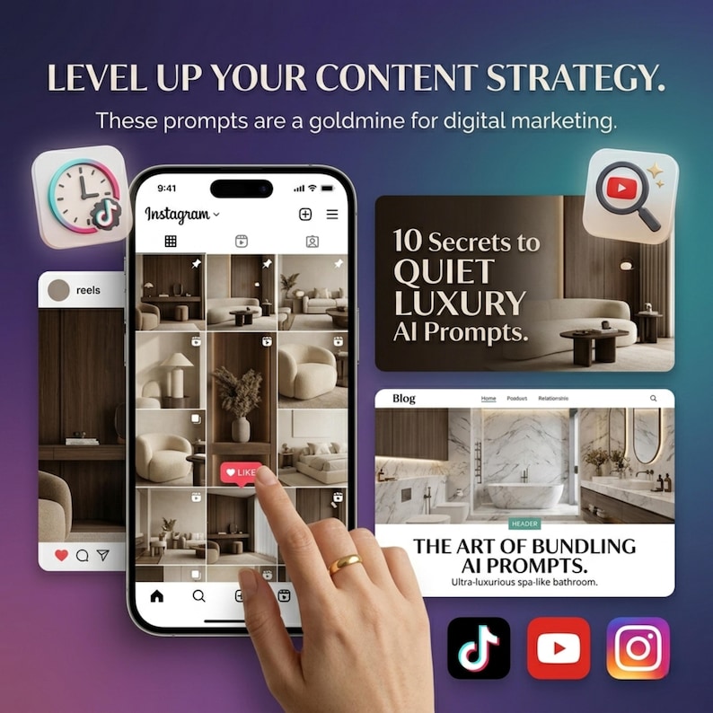 May include: A digital marketing graphic with the text "LEVEL UP YOUR CONTENT STRATEGY." An iPhone displays an Instagram feed with interior design images. Additional graphics include social media icons and text: "10 Secrets to QUIET LUXURY AI Prompts."