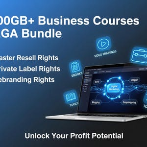 May include: A laptop displays a digital marketing graphic, surrounded by icons for video training, ebooks, and tools. Text reads "2000GB+ Business Courses MEGA Bundle" and "Unlock Your Profit Potential."