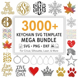 Puede incluir: Una colección de plantillas SVG para llaveros con varios diseños, incluyendo letras, monogramas, copos de nieve, hojas de arce, corazones y huellas de patas. La imagen incluye el texto "3000+ KEYCHAIN SVG TEMPLATE MEGA BUNDLE" e iconos de tipo de archivo.
