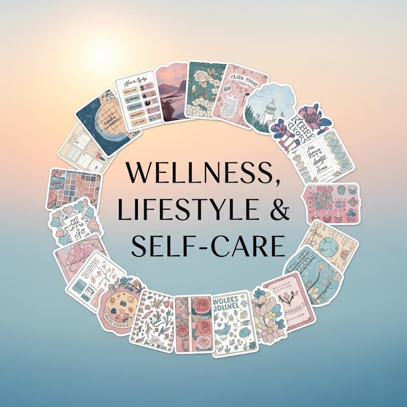 May include: A collection of stickers arranged in a circle, featuring various designs with floral, landscape, and inspirational themes. The text "WELLNESS, LIFESTYLE & SELF-CARE" is prominently displayed in the center, with a gradient background.