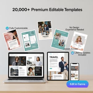 Puede incluir: Imagen que muestra una variedad de plantillas editables, incluyendo diseños para salones de belleza, viajes y negocios. La imagen presenta una laptop, una tableta y un smartphone que muestran las plantillas, junto con varios ejemplos impresos. El texto incluye "20,000+ Premium Editable Templates" y "Edit in Canva."