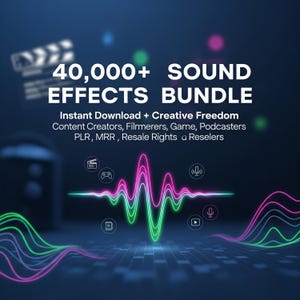 Può includere: Grafica digitale che promuove un pacchetto di effetti sonori. Il testo recita "40.000+ SOUND EFFECTS BUNDLE" con informazioni su download istantanei e libertà creativa. Viene presentata una grafica a forma d'onda al neon, insieme a icone per video, giochi e audio.
