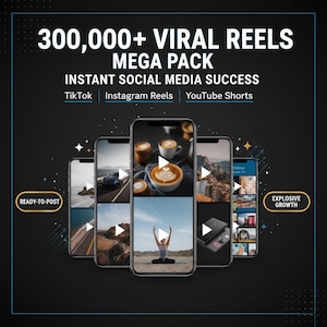 Op de afbeelding: Een advertentie voor een social media mega pack. De afbeelding toont vijf smartphones met video-inhoud, met bovenaan de tekst "300.000+ VIRAL REELS MEGA PACK". De tekst "INSTANT SOCIAL MEDIA SUCCESS" wordt ook weergegeven. De afbeelding bevat ook de tekst "TikTok, Instagram Reels, YouTube Shorts".