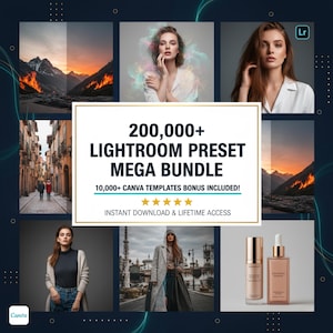 May include: A promotional image featuring a Lightroom preset mega bundle. The image includes various lifestyle and landscape photos, along with a central text box that reads "200,000+ LIGHTROOM PRESET MEGA BUNDLE".