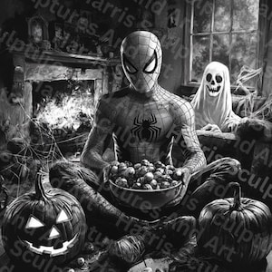 Puede incluir: Ilustración en blanco y negro de Spider-Man en un ambiente de Halloween. Sostiene un cuenco de golosinas, con calabazas talladas y un fantasma en el fondo. Una chimenea y telarañas contribuyen a la atmósfera espeluznante.
