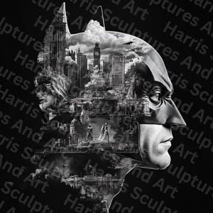 May include: Monochrome artwork depicting Batman's profile, incorporating a cityscape and figures of Batman and Catwoman. The background features text that reads "Harris Sculptures And Art". A bat flies in the sky.