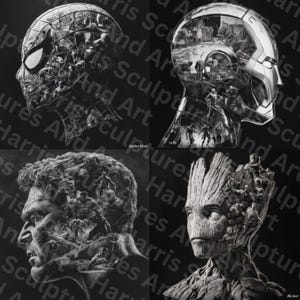 Paquete de 4 diseños / Universo Marvel PNG / Doble exposición / Archivos descargables de grabado láser / Posavasos de pizarra / Proyecto CNC / Regalo para él
