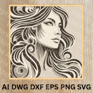 Könnte beinhalten: Sepiafarbene Illustration einer Frau mit fließendem Haar, umrahmt von einem hellbeigen Rand. Das Bild enthält den Text "AI DWG DXF EPS PNG SVG" am unteren Rand. Das Gesicht der Frau ist im Profil, mit detaillierten Linien und Schattierungen.