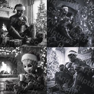 Puede incluir: Imagen en escala de grises que presenta cuatro paneles de personajes de Marvel en un ambiente navideño. Spider-Man, Iron Man, Groot y Hulk llevan gorros de Papá Noel, sostienen tazas y están rodeados de regalos y árboles de Navidad.