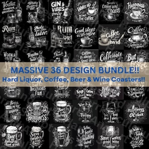 Könnte beinhalten: Eine Sammlung von 36 schwarz-weißen Untersetzern mit verschiedenen Designs zu Spirituosen, Kaffee, Bier und Wein. Die Untersetzer zeigen Texte und Illustrationen, darunter Sätze wie "Whisky Business", "Coffee and Chaos" und "Beer is my therapy".