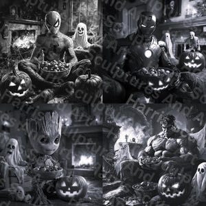 Puede incluir: Obra de arte en blanco y negro con temática de Halloween que presenta a Spider-Man, Iron Man, Groot y Hulk. Cada personaje sostiene un cuenco de golosinas, con calabazas y fantasmas en el fondo. La obra tiene un estilo de cómic espeluznante.