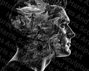 May include: Monochrome artwork depicting a person's profile, with a landscape of superheroes and a jet plane within the head. The image is a collage of various characters and scenes.