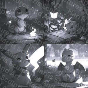 May include: Black and white artwork featuring four different cartoon creatures in a forest setting. One creature is near a small flame, another near a lantern, a third with a lightning bolt, and the last with wings and a flower.