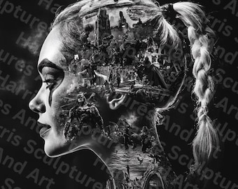 May include: Monochrome artwork depicting a woman's profile with a plait, incorporating a cityscape and figures within the silhouette. The image has a grayscale palette and a textured background with repeating text.