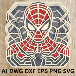 May include: A layered, multi-coloured design featuring the superhero Spider-Man. The artwork uses red, black, grey, and cream colours. The text at the bottom reads "AI DWG DXF EPS PNG SVG".