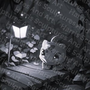 May include: Black and white illustration of a Bulbasaur character in a forest setting. The artwork features a wooden bridge, a glowing lantern, and foliage. The image has the text "Harris Sculptures And Art" in the background.
