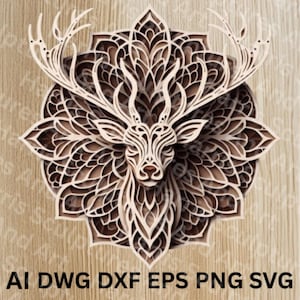 May include: A multi-layered wooden artwork depicting a deer's head with prominent antlers, set within a floral design. The piece uses shades of brown and beige. Text at the bottom reads "AI DWG DXF EPS PNG SVG".